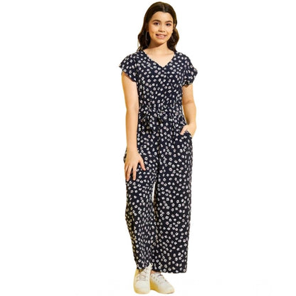 Generic Girl's Polyester Moss Floral Short Sleeves Jumpsuit (Navy-white)