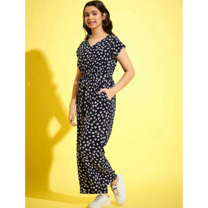 Generic Girl's Polyester Moss Floral Short Sleeves Jumpsuit (Navy-white)