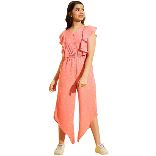 Generic Girl's Polyester Floral Sleeveless Jumpsuit (Pink)