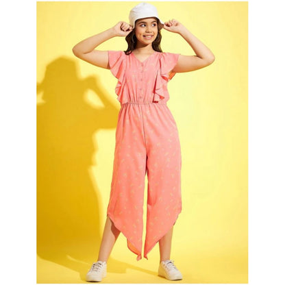 Generic Girl's Polyester Floral Sleeveless Jumpsuit (Pink)