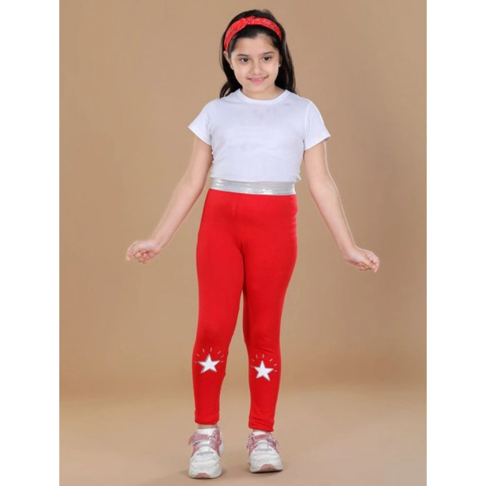 Generic Girl's Cotton Lycra Star Print Elasticated Leggings (Red)