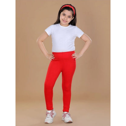 Generic Girl's Cotton Lycra Solid Elasticated Leggings (Red)