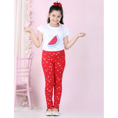Generic Girl's Cotton Lycra Embellished Elasticated Leggings (Red)