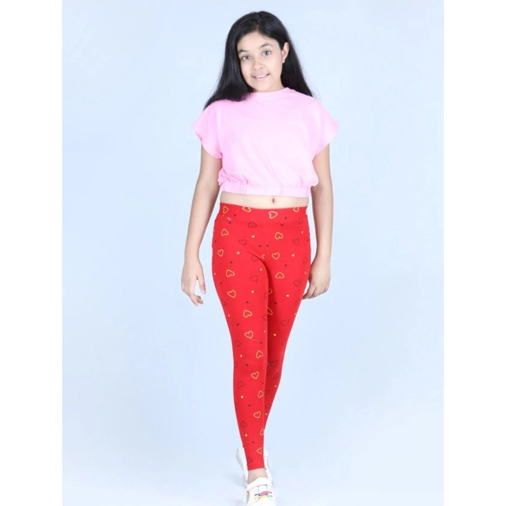 Generic Girl's Cotton Lycra Printed Elasticated Leggings (Red)