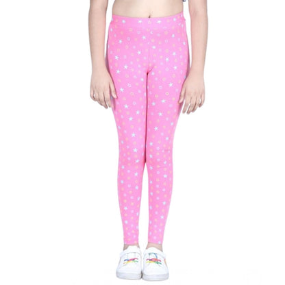 Generic Girl's Cotton Lycra Printed Elasticated Leggings (Pink)