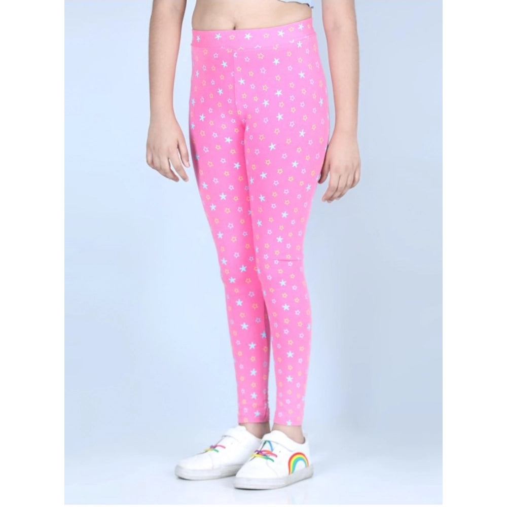 Generic Girl's Cotton Lycra Printed Elasticated Leggings (Pink)