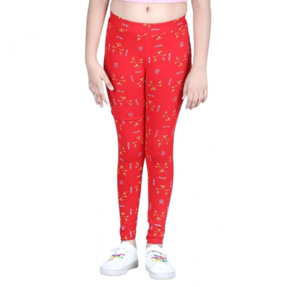 Generic Girl's Cotton Lycra Printed Elasticated Leggings (Red)