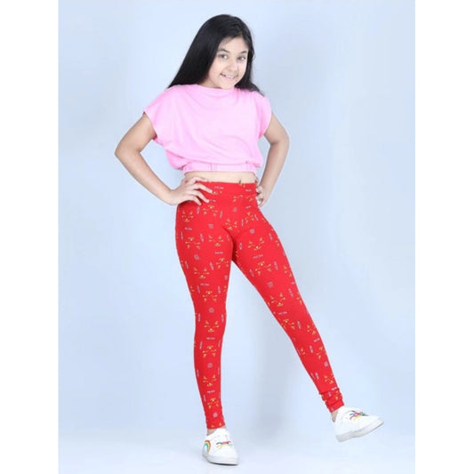 Generic Girl's Cotton Lycra Printed Elasticated Leggings (Red)