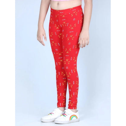 Generic Girl's Cotton Lycra Printed Elasticated Leggings (Red)