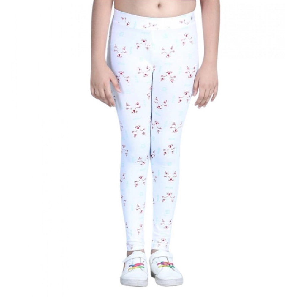 Generic Girl's Cotton Lycra Printed Elasticated Leggings (White)