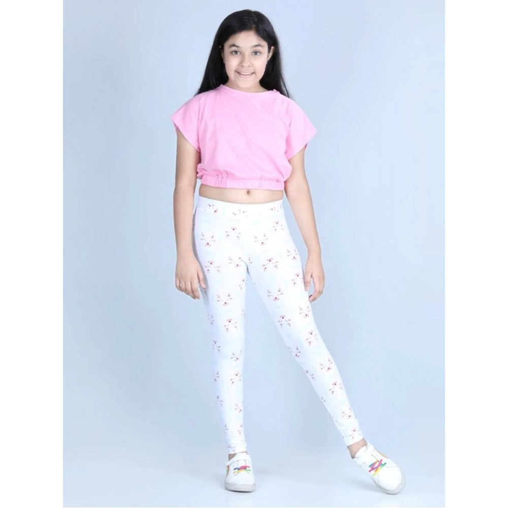Generic Girl's Cotton Lycra Printed Elasticated Leggings (White)