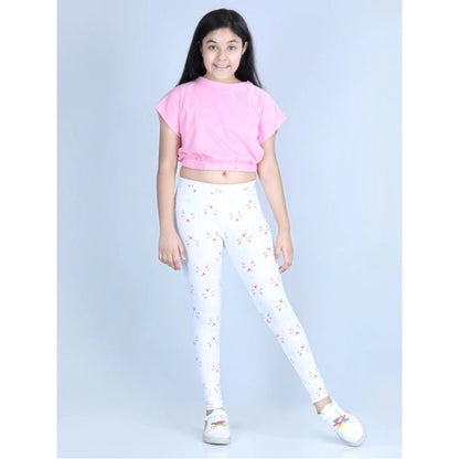 Generic Girl's Cotton Lycra Printed Elasticated Leggings (White)