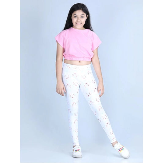 Generic Girl's Cotton Lycra Printed Elasticated Leggings (White)