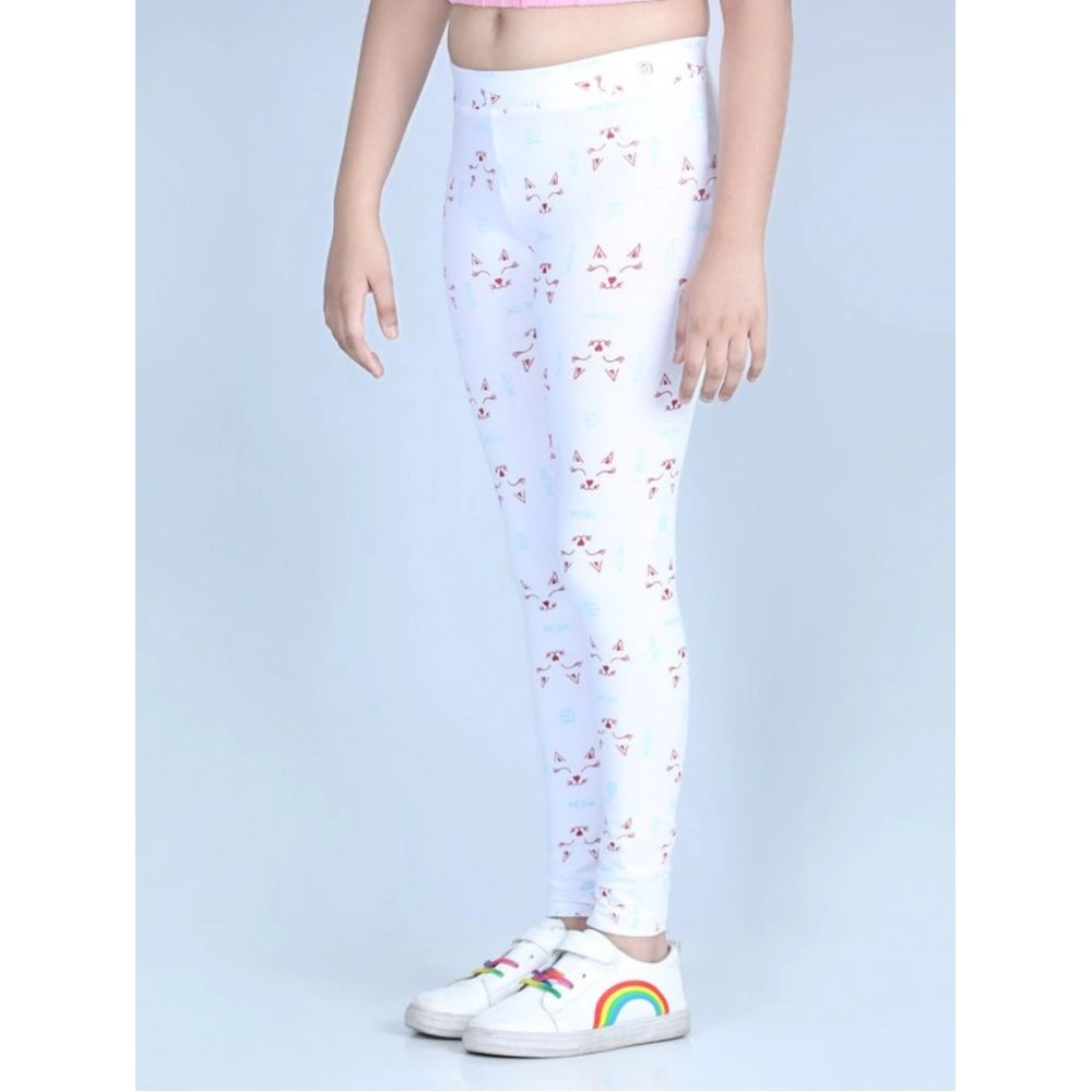 Generic Girl's Cotton Lycra Printed Elasticated Leggings (White)