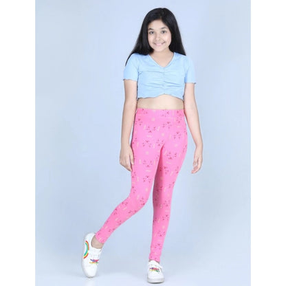 Generic Girl's Cotton Lycra Printed Elasticated Leggings (Pink)