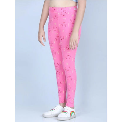 Generic Girl's Cotton Lycra Printed Elasticated Leggings (Pink)