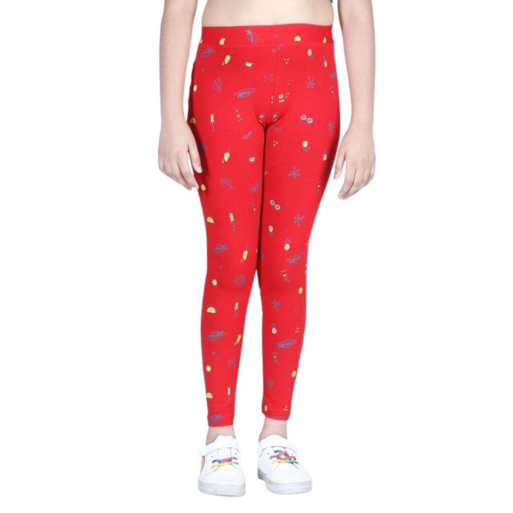 Generic Girl's Cotton Lycra Printed Elasticated Leggings (Red)