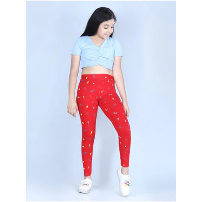 Generic Girl's Cotton Lycra Printed Elasticated Leggings (Red)