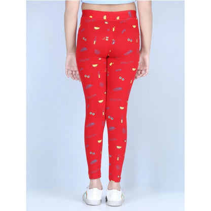 Generic Girl's Cotton Lycra Printed Elasticated Leggings (Red)