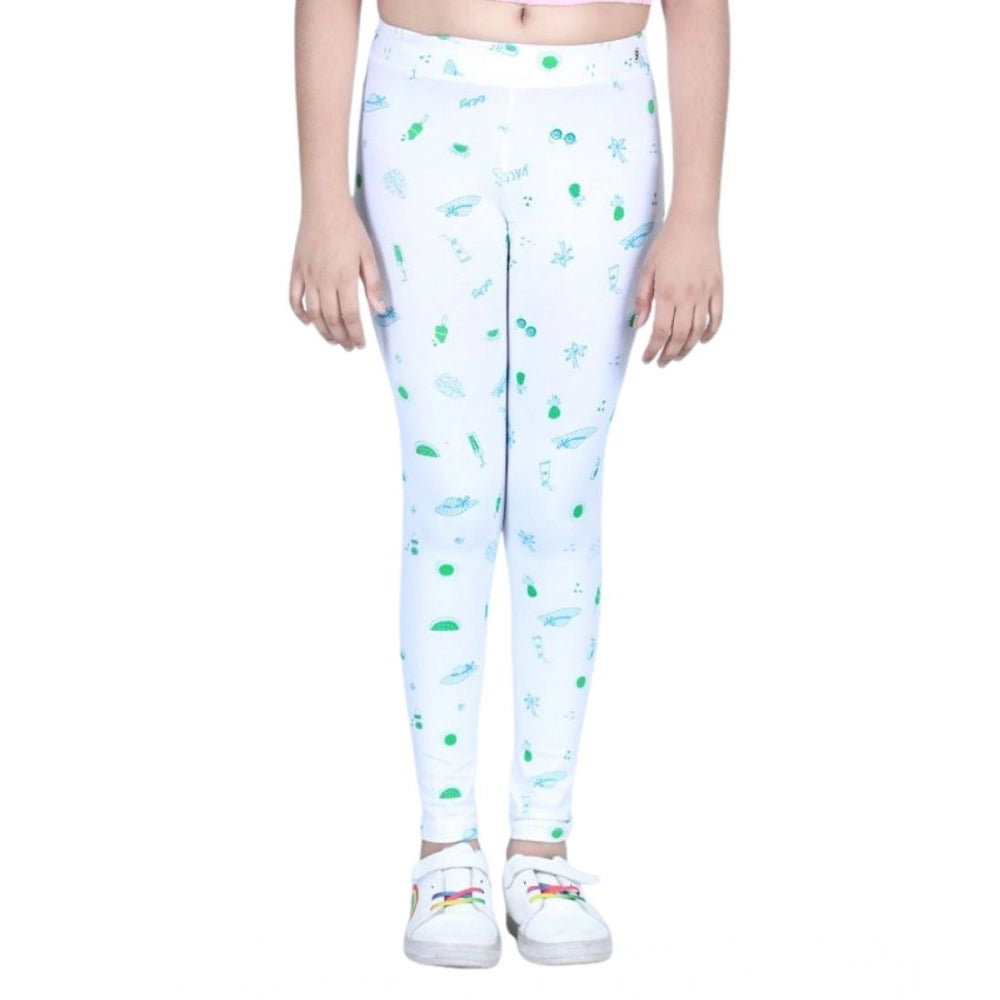 Generic Girl's Cotton Lycra Printed Elasticated Leggings (White)