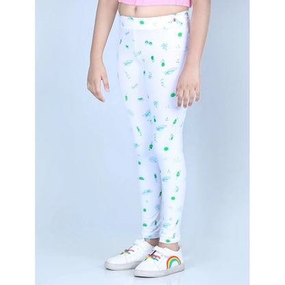 Generic Girl's Cotton Lycra Printed Elasticated Leggings (White)
