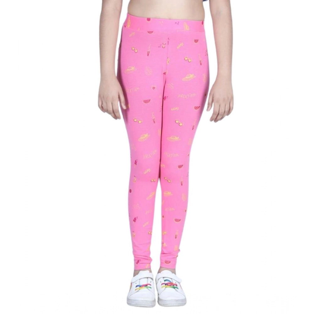 Generic Girl's Cotton Lycra Printed Elasticated Leggings (Pink)