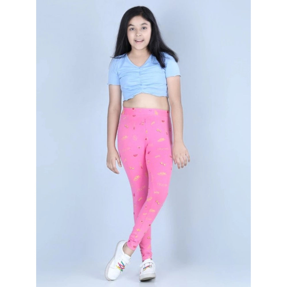 Generic Girl's Cotton Lycra Printed Elasticated Leggings (Pink)