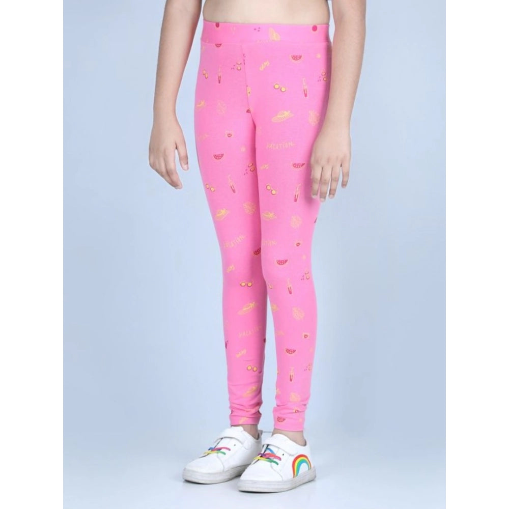 Generic Girl's Cotton Lycra Printed Elasticated Leggings (Pink)
