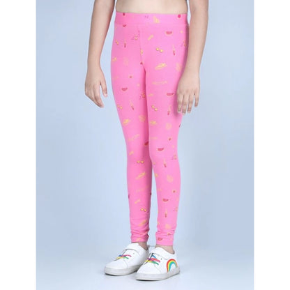 Generic Girl's Cotton Lycra Printed Elasticated Leggings (Pink)