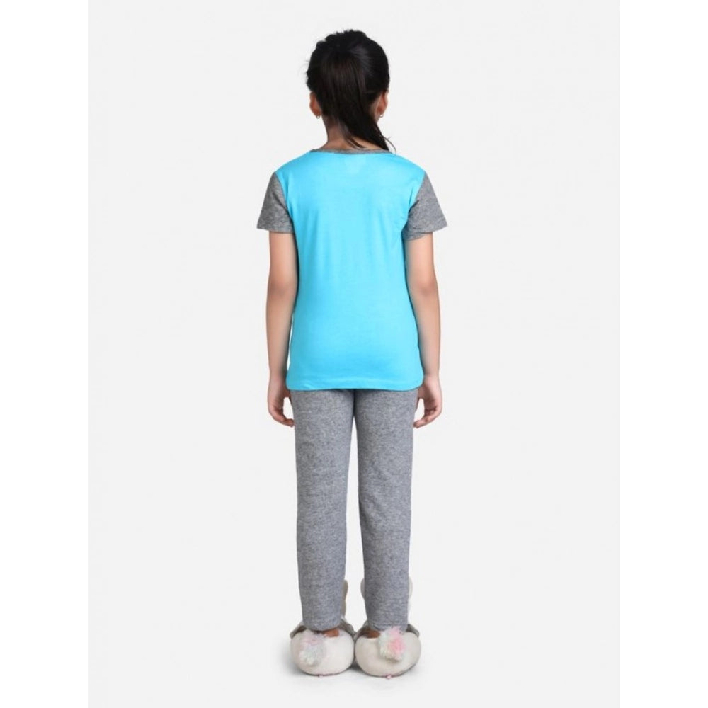 Generic Girl's Cotton Hosiery Printed Night Suit Set (Blue-Grey)