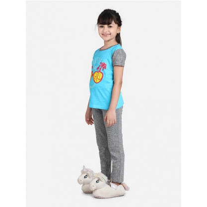 Generic Girl's Cotton Hosiery Printed Night Suit Set (Blue-Grey)