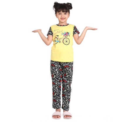 Generic Girl's Cotton Hosiery Printed Night Suit Set (Yellow-Black)