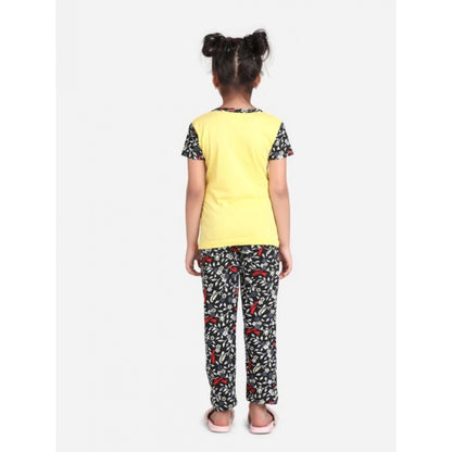 Generic Girl's Cotton Hosiery Printed Night Suit Set (Yellow-Black)