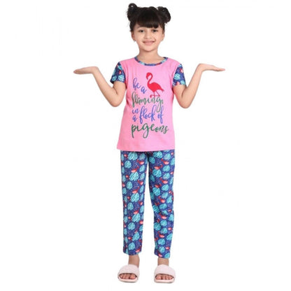 Generic Girl's Cotton Hosiery Printed Night Suit Set (Pink-Blue)