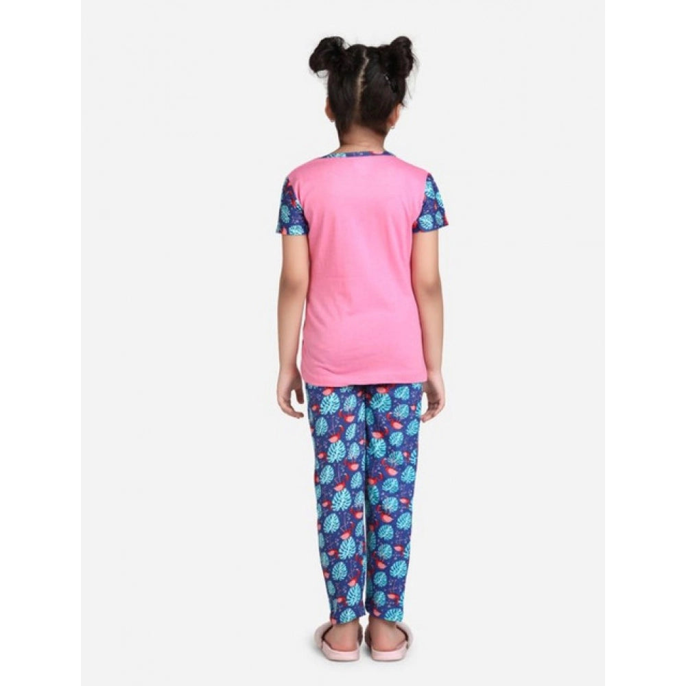 Generic Girl's Cotton Hosiery Printed Night Suit Set (Pink-Blue)