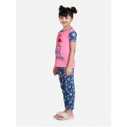 Generic Girl's Cotton Hosiery Printed Night Suit Set (Pink-Blue)