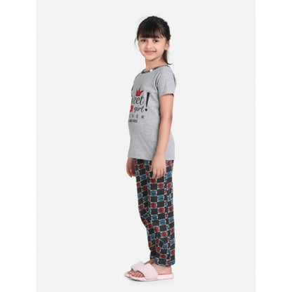 Generic Girl's Cotton Hosiery Printed Night Suit Set (Grey-Red)