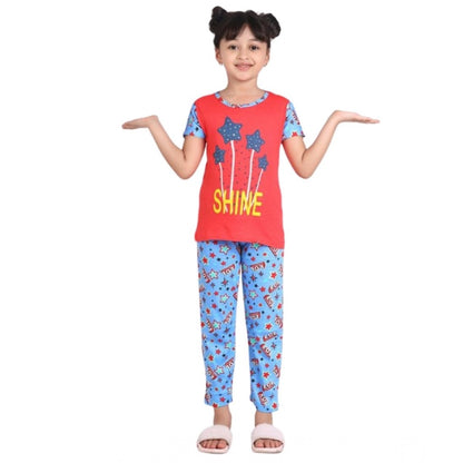 Generic Girl's Cotton Hosiery Printed Night Suit Set (Red-Blue)