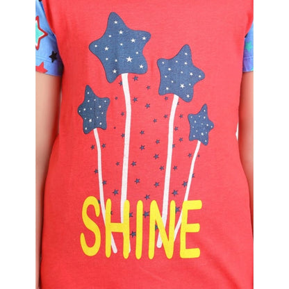 Generic Girl's Cotton Hosiery Printed Night Suit Set (Red-Blue)