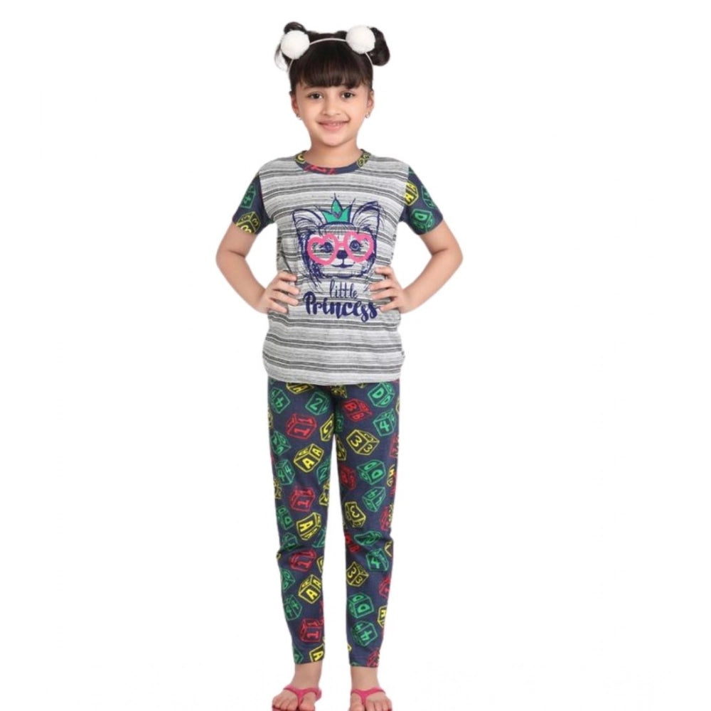 Generic Girl's Cotton Hosiery Printed Night Suit Set (Grey-Green)