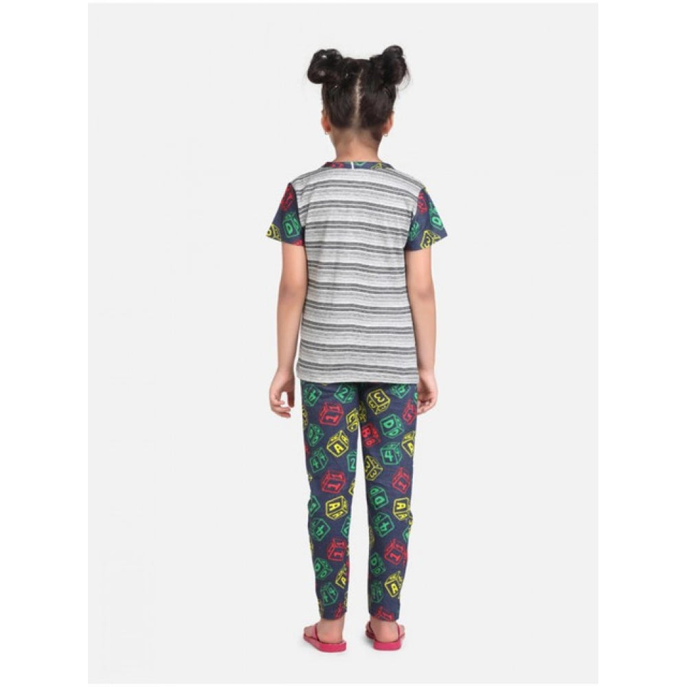 Generic Girl's Cotton Hosiery Printed Night Suit Set (Grey-Green)