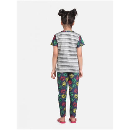 Generic Girl's Cotton Hosiery Printed Night Suit Set (Grey-Green)