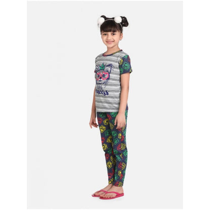 Generic Girl's Cotton Hosiery Printed Night Suit Set (Grey-Green)