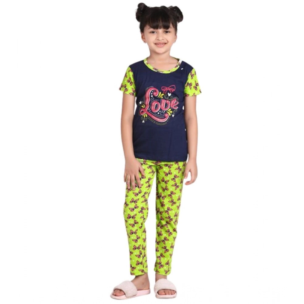 Generic Girl's Cotton Hosiery Printed Night Suit Set (Navy-Green)
