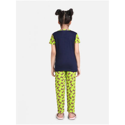 Generic Girl's Cotton Hosiery Printed Night Suit Set (Navy-Green)