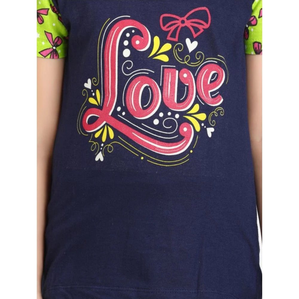 Generic Girl's Cotton Hosiery Printed Night Suit Set (Navy-Green)