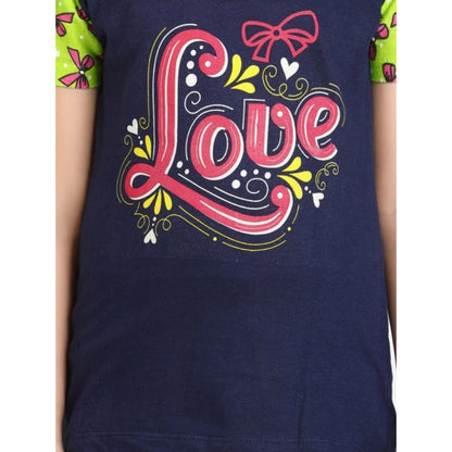 Generic Girl's Cotton Hosiery Printed Night Suit Set (Navy-Green)