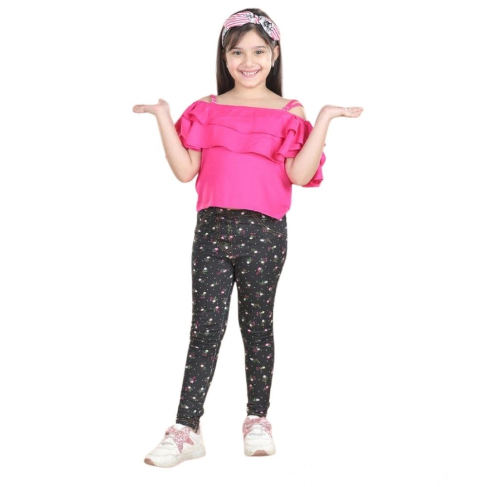 Generic Girl's Cotton Floral Elasticated Jegging and Top Set (Pink)