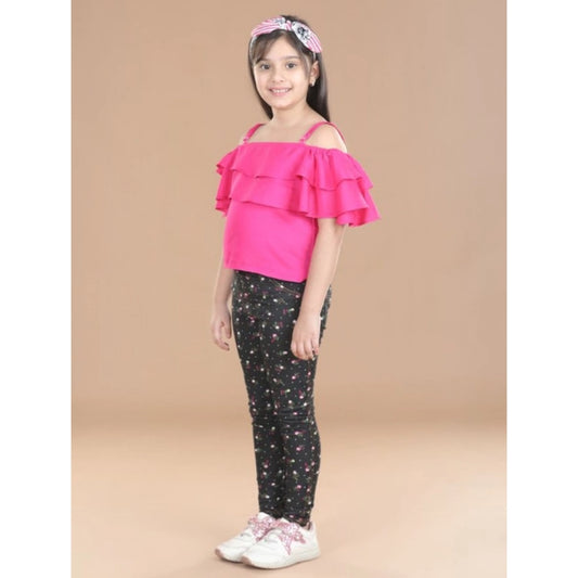 Generic Girl's Cotton Floral Elasticated Jegging and Top Set (Pink)