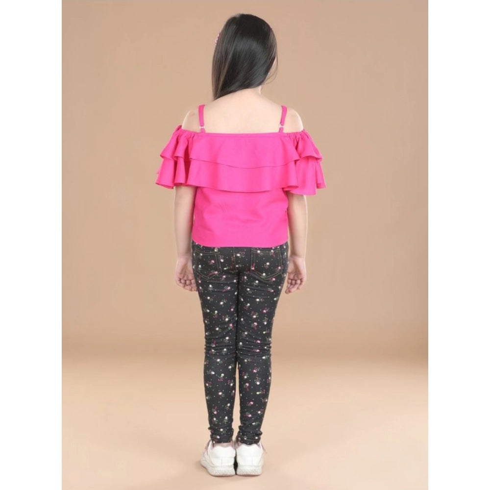 Generic Girl's Cotton Floral Elasticated Jegging and Top Set (Pink)